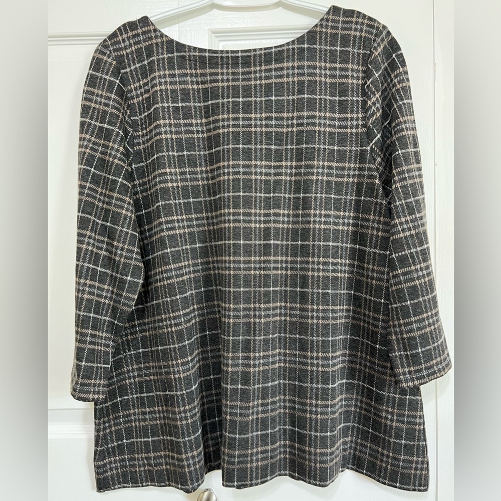 J. Jill Ponte Plaid V-Neck Back 3/4 Sleeve Top Blouse Large
